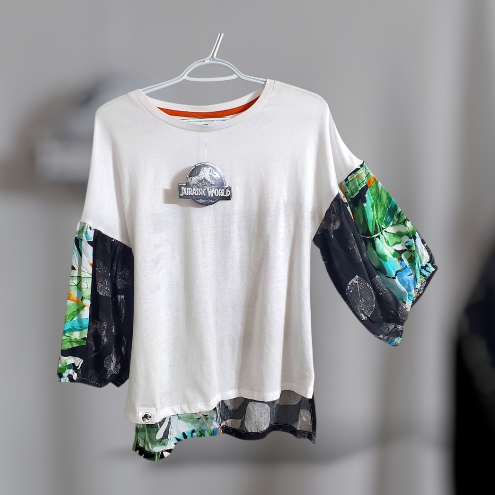 Jurassic Park Universal Studio Tropical Jungle Leaf Soft Cotton Puff Sleeve Tee